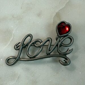 Vintage Silver Tone Valentines Day Love Pin with Red Heart Crystal